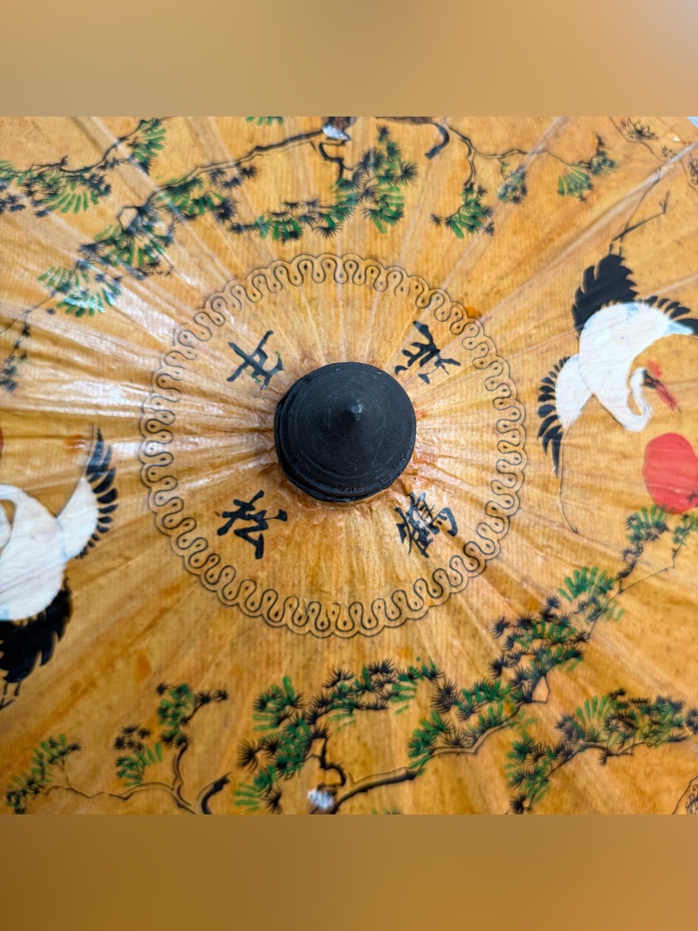 Vintage Hand Painted Rice Paper and Bamboo Asian Parasol Cranes and Trees 21” - Picture 5 of 11